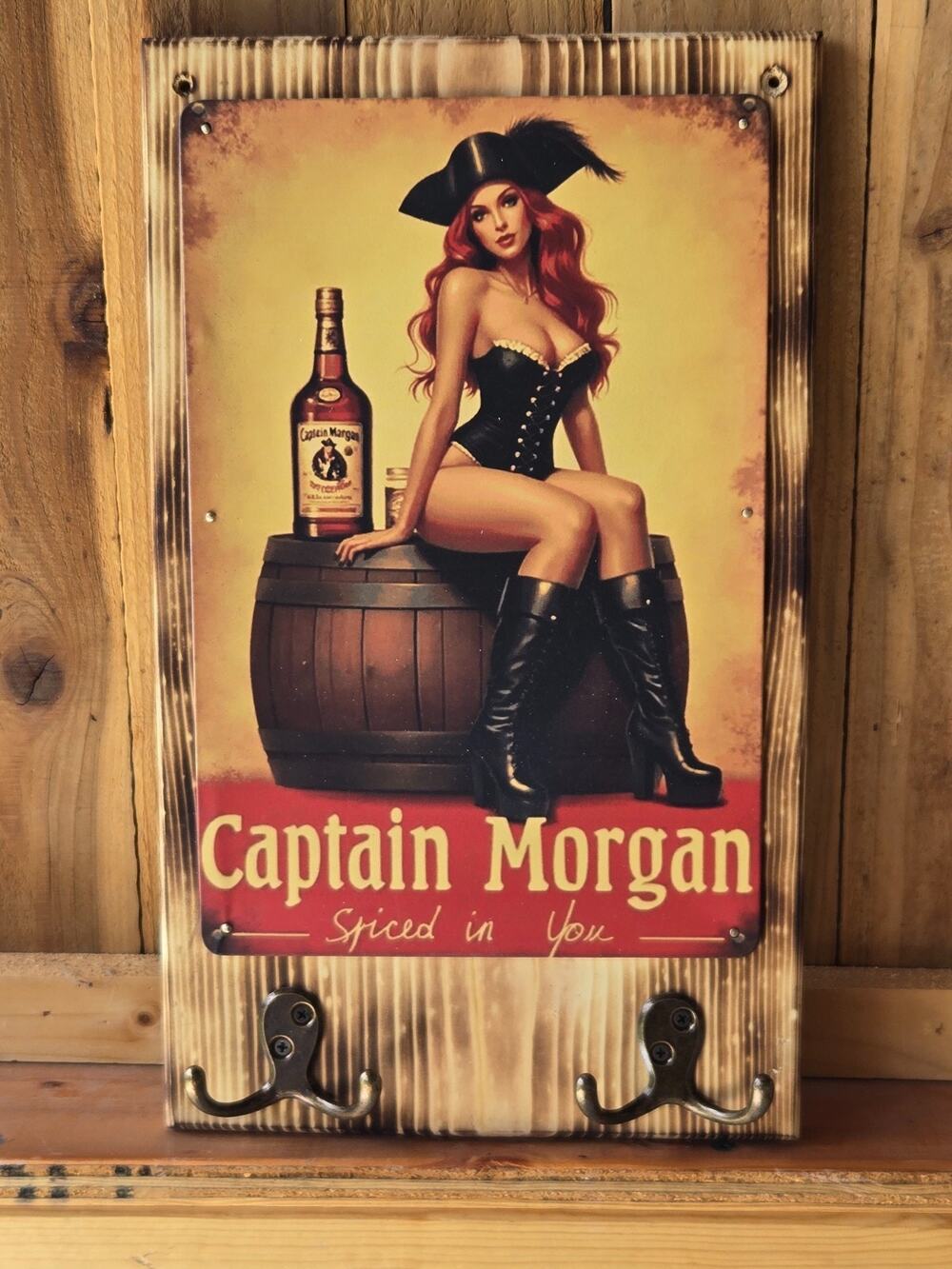 Captain Morgan Rum Sign Mounted on Solid Wood, w/ Hooks, Handmade